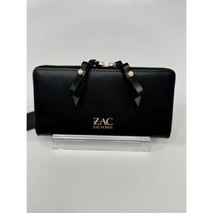 ZAC POSEN Eartha Mini Bow Zipper Leather Continental Pearl Wallet Black
